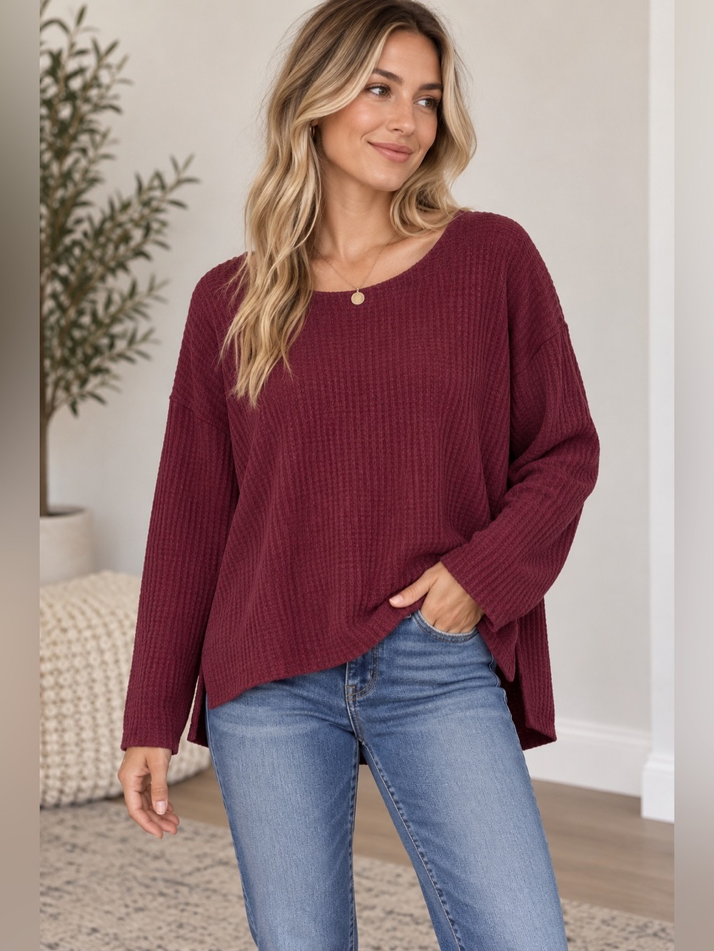 Splendid Waffle Knit Thermal Top Burgundy Oversized High Low XS